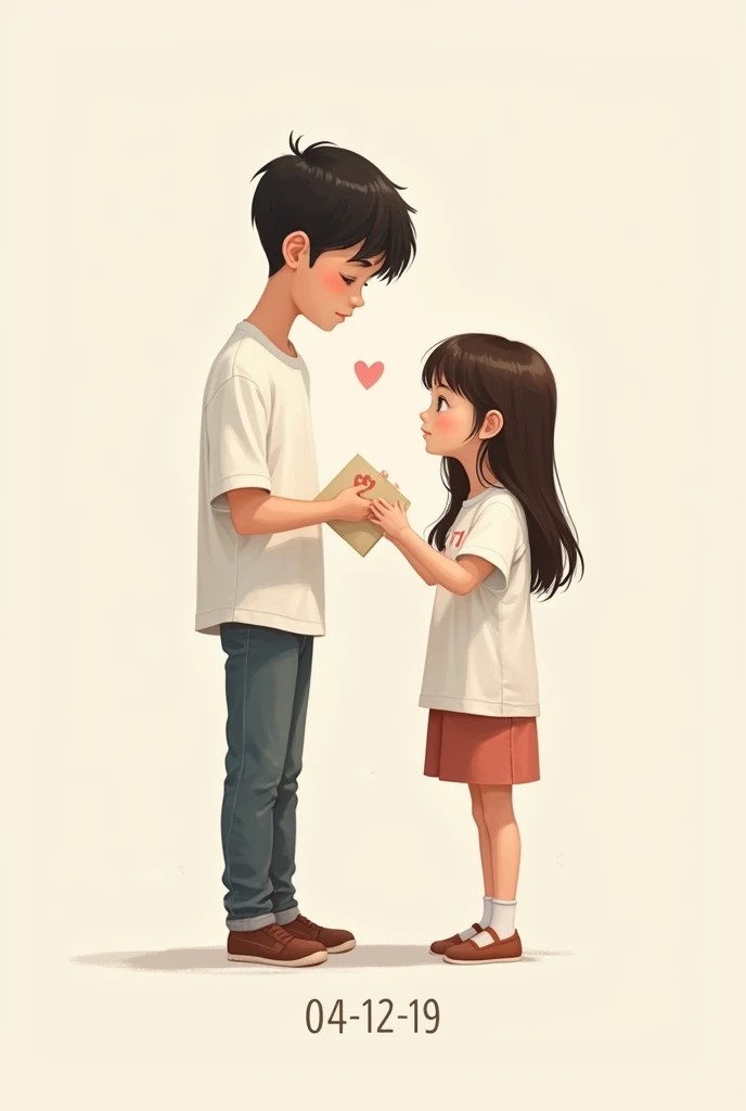 A boy and a girl with white shirts and the boy with a letter (It is) he/she with a letter (J) and below the numbers 04-12-19