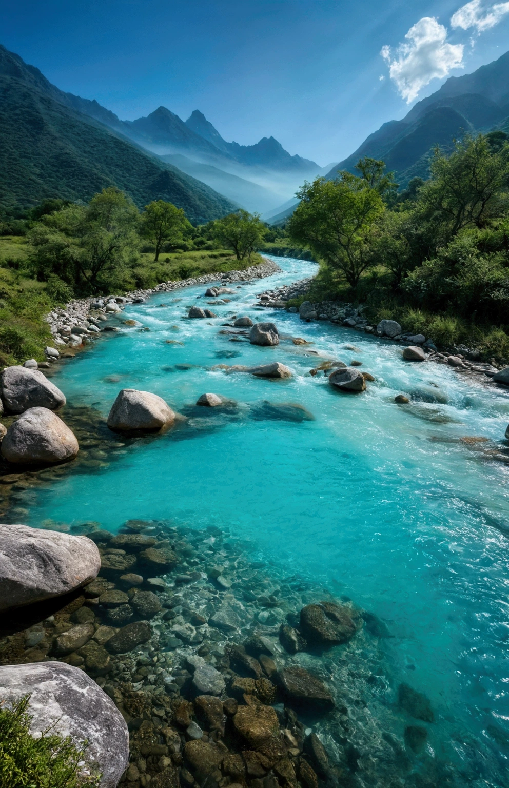 The stream water is turquoise and clear，There are some mountains behind,Clouds and mist
