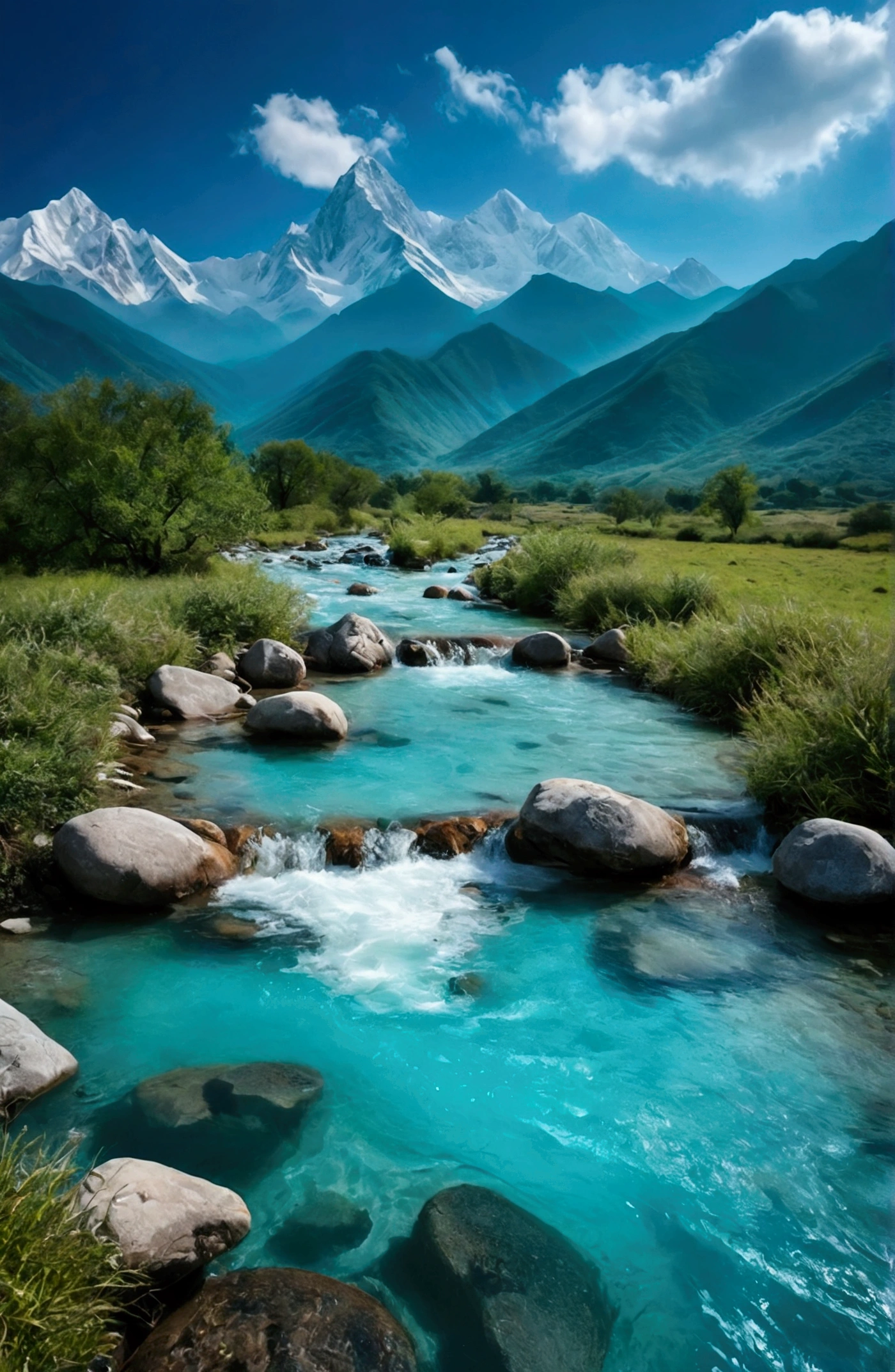 The stream water is turquoise and clear,There are some mountains behind,Clouds and mist
