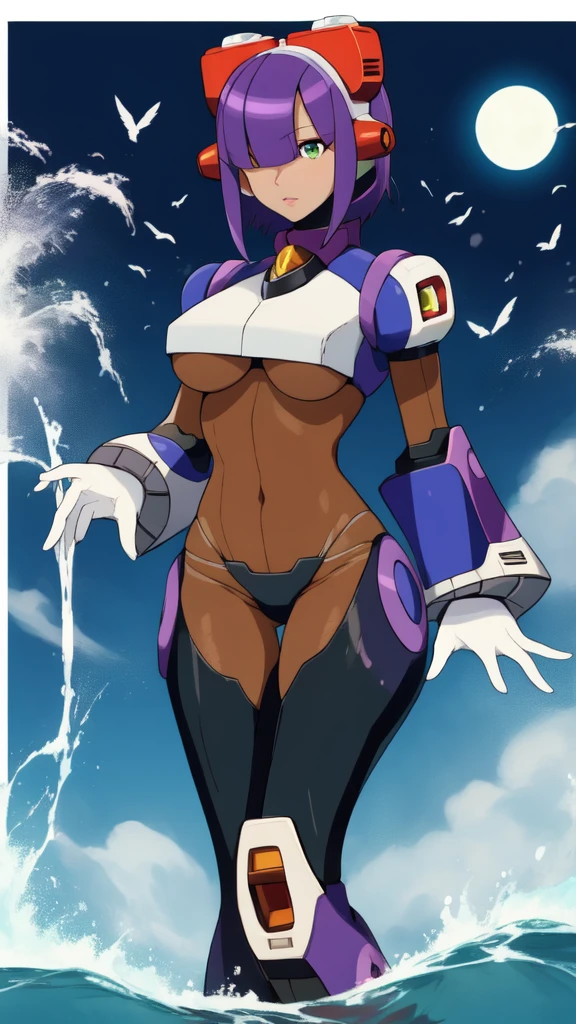 layer_megamanx, simple background , 1girl, solo, short hair, purple hair, green eyes, blunt bangs, hair over eyes, large breasts, dark skin, dark-skinned female, android, underboob, robot ears, high quality, masterpiece, surrounded by water and a small moon, in the style of vivid energy explosions, anime art, dark palette, sharp and angular, dragon art, 8k, whirring contrivances
