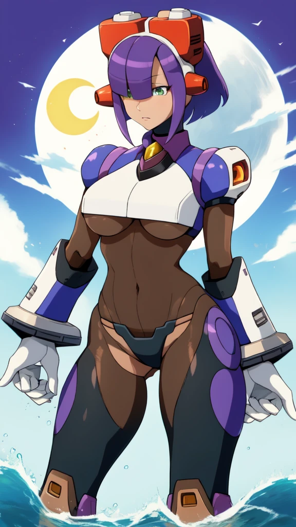 layer_megamanx, simple background , 1girl, solo, short hair, purple hair, green eyes, blunt bangs, hair over eyes, large breasts, dark skin, dark-skinned female, android, underboob, robot ears, high quality, masterpiece, surrounded by water and a small moon, in the style of vivid energy explosions, anime art, dark palette, sharp and angular, dragon art, 8k, whirring contrivances