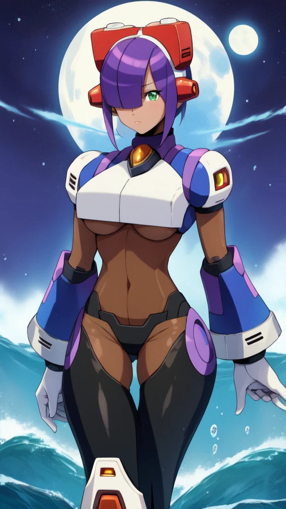 layer_megamanx, simple background , 1girl, solo, short hair, purple hair, green eyes, blunt bangs, hair over eyes, large breasts, dark skin, dark-skinned female, android, underboob, robot ears, high quality, masterpiece, surrounded by water and a small moon, in the style of vivid energy explosions, anime art, dark palette, sharp and angular, dragon art, 8k, whirring contrivances