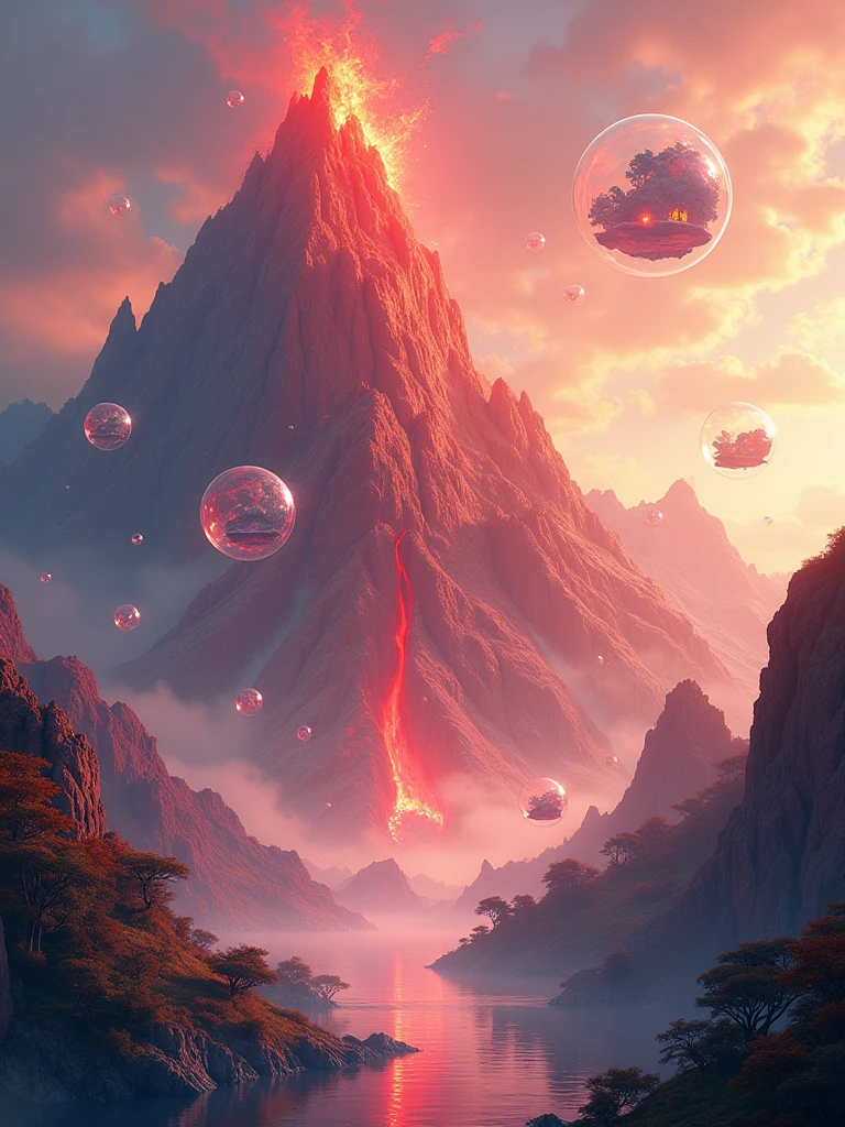 Masterpiece, best quality, high resolution, The red flame mountain is at the bottom of the picture, with bubbles with scenes floating on it, and the bottom is transparent. UI interface, mini game scenes, image quality 4K,
