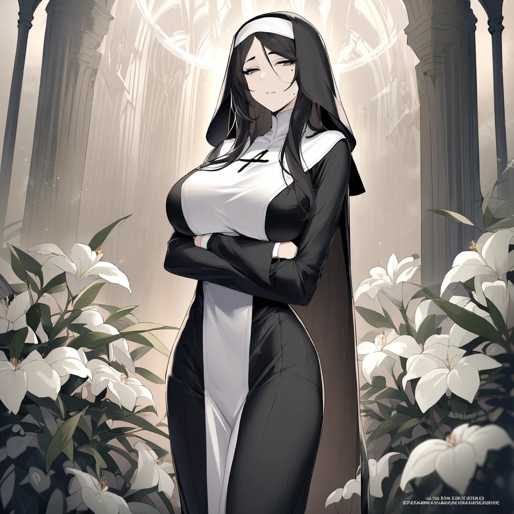 official art, unity 8k wallpaper, ultra detailed, beautiful and aesthetic, High quality, beautiful, masterpiece, best quality, (zentangle, mandala, tangle, entangle:0.6), 1girl, solo, blue butterfly, breasts, veil, nun, butterfly, large breasts, bug, bangs, long hair, long sleeves, dress, black dress, looking at viewer, brown hair, closed mouth, gothic church scene, side lighting, rim lighting, demonic view, indoors, hair between eyes, underboob, sky, window, pillar, pelvic curtain, water splash, wind swept, glitter,ultra sharp