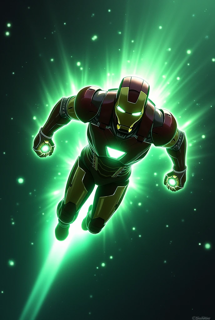 Picture of iron man in flying position in  space (plenty of stars) with aura of green and advanced mark suits 