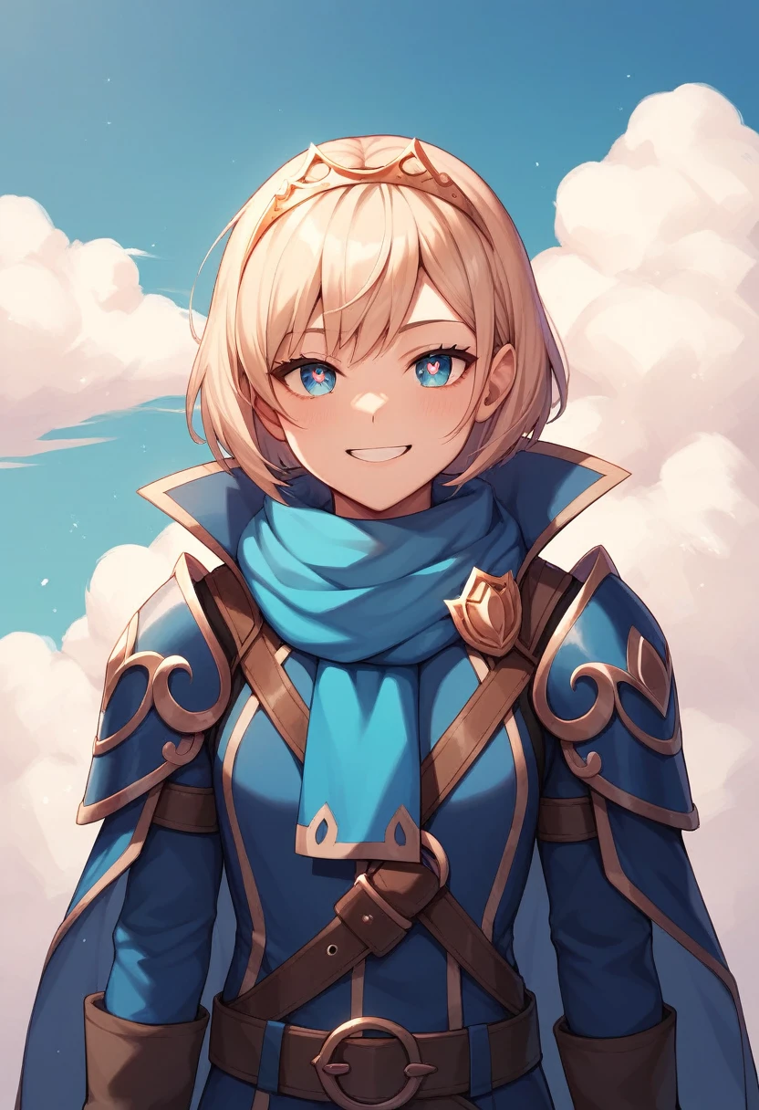 masterpiece, best quality,  defLucy, symbol-shaped pupils, tiara, blue scarf, blue coat, shoulder armor, long sleeves, cuffs, belt, fingerless gloves, upper body, looking at viewer, furrowed brow, blue sky, clouds, furrowed brow, smile