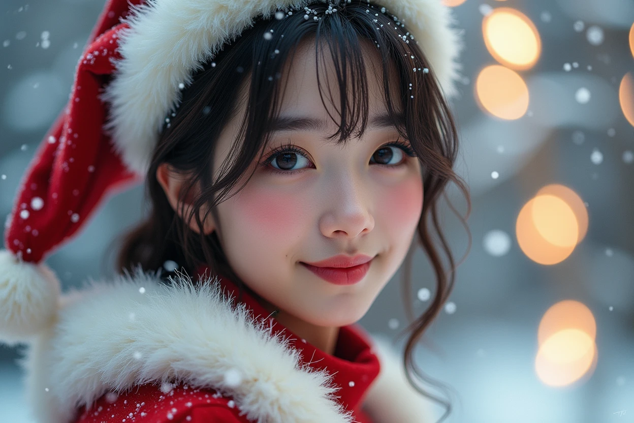 A japanese woman in santa claus costume, smile,beautiful detailed eyes, droppy eyes,beautiful detailed lips, extremely detailed face and hair, long eyelashes, intricate detailed fabric textures, santa hat, christmas lights, snowy winter background, (best quality,4k,8k,highres,masterpiece:1.2),ultra-detailed,(realistic,photorealistic,photo-realistic:2.0),vibrant colors,cinematic lighting,soft bokeh