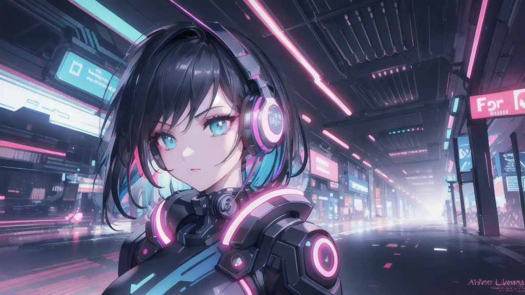 a high detailed cyberpunk city at night, a beautiful girl with black hair wearing a headset with RGB lights, extremely detailed face and eyes, photorealistic, 8k, professional lighting, neon lights, futuristic atmosphere, dynamic pose, dramatic lighting, cinematic, colorful vibrant colors, hyper realistic