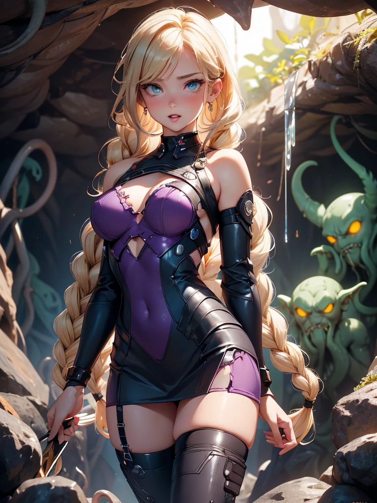 master piece,Best Quality,Ultra-detailed,High resolution,Octane Render,valkyrie,Blonde hair,Radiant hair,(1 girl),Beautiful Girl,Beautiful mature face,torn clothes,broken clothes,Seductive young woman,female focus,Beautiful breasts,Full body,(Perfect body),Standing,(Dark purple cyber suit and crimson microskirt),Garter Belt,Bare shoulders,((Check out our thru-rack chokers and midi rings with chains,(blonde single braid),big bright green eyes, Shining eyes beautiful detailed eyes),Cute,Cool,pale skin,Faint lips,A seductive and confident smile,embarrassed,Open mouth,(hair, Realistic:1),to stand,Holding silver halberd,Blushing face,Fantasy,Sweat,steam,(In a cave with tentacles),((veiny tentacles)),cthulhu mythos,