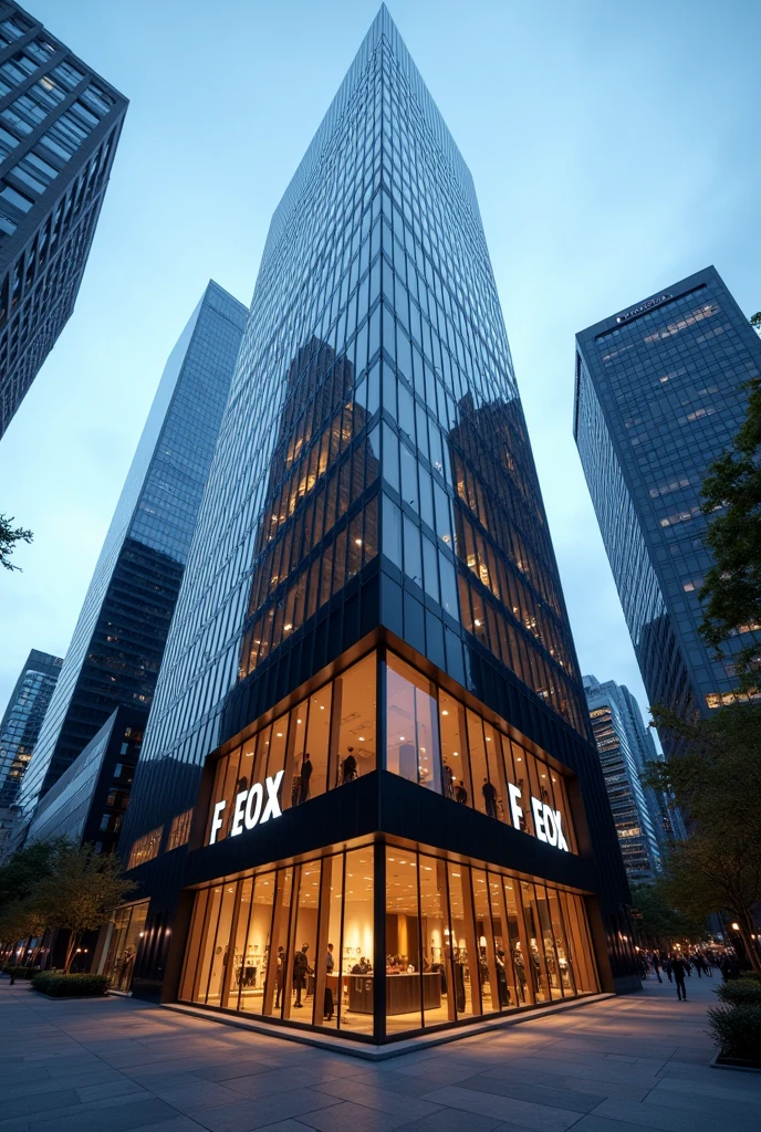 The office is modern in a skyscraper with a sign indicating the name of the store F E O X
