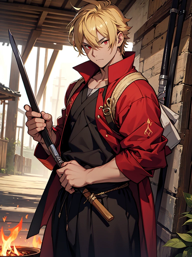 a young boy, childlike appearance, blond, with vibrant red eyes, he's low, a neutral expression, kinda lazy, wearing exotic clothes, having a gaucho style, kind of anime, being clothes a little bigger for his size. He also has a type of weapon that resembles a barbecue skewer., but you can be creative with this weapon, he also has firepower