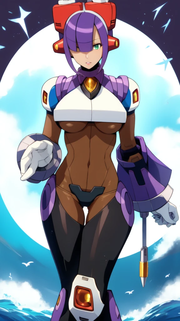 layer_megamanx, simple background , 1girl, solo, short hair, purple hair, green eyes, blunt bangs, hair over eyes, large breasts, dark skin, dark-skinned female, android, underboob, robot ears, high quality, masterpiece, surrounded by water and a small moon, in the style of vivid energy explosions, anime art, dark palette, sharp and angular, dragon art, 8k, whirring contrivances