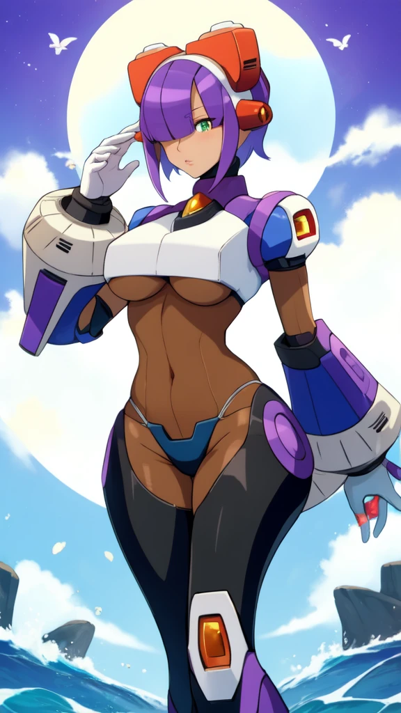 layer_megamanx, simple background , 1girl, solo, short hair, purple hair, green eyes, blunt bangs, hair over eyes, large breasts, dark skin, dark-skinned female, android, underboob, robot ears, high quality, masterpiece, surrounded by water and a small moon, in the style of vivid energy explosions, anime art, dark palette, sharp and angular, dragon art, 8k, whirring contrivances