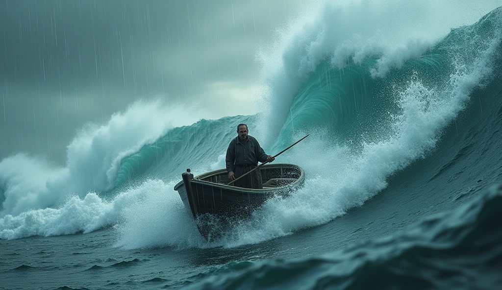 Boat in ocean with dangerous waves single man