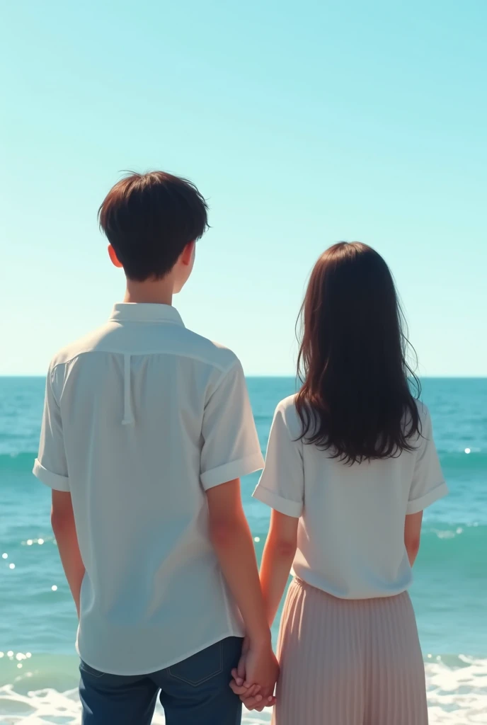 A young Japanese couple stands holding hands, looking sideways at each other, Men wear polo shirts and jeans、Women wear neat and casual dresses, beautiful beach background
