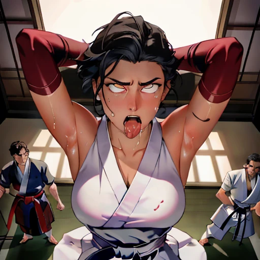 ((((masterpiece, best quality, high resolution)))), Extremely detailed 8K, 1 female, wearing a white Karate gi, (ahegao),white eyes, Small breasts, sash, japanese clothes,  No underwear,No eyeballs, Facing the audience, looking at the audience, tired, from below, (Exposed armpit:1.1), ((armpit:1.2)), sexy, Sweating, More and more sweat,(ahegao), (Roll your eyes),  open mouth, Sticking out tongue, saliva, Slobber,Skinny, raise arms, (arms above head:1.5)(Ultra HD, Ultra-detailed, Highly detailed, Highly realistic, Ultra-realistic, photograph realistic), (1girl:1.5), (Realistic black hair), (dynamic poses), facing at camera, looking at viewer, (slightly serious face), (perky breasts:1.2), (beautiful detailed face, beautiful detailed eyes), ((worn out karate gi)), (preparing for a fight), sweat, glow, (sunbeam, sunlight), ((cowboy shot)), inside a training gym, seductive, EnvyBetterHands LoCon,