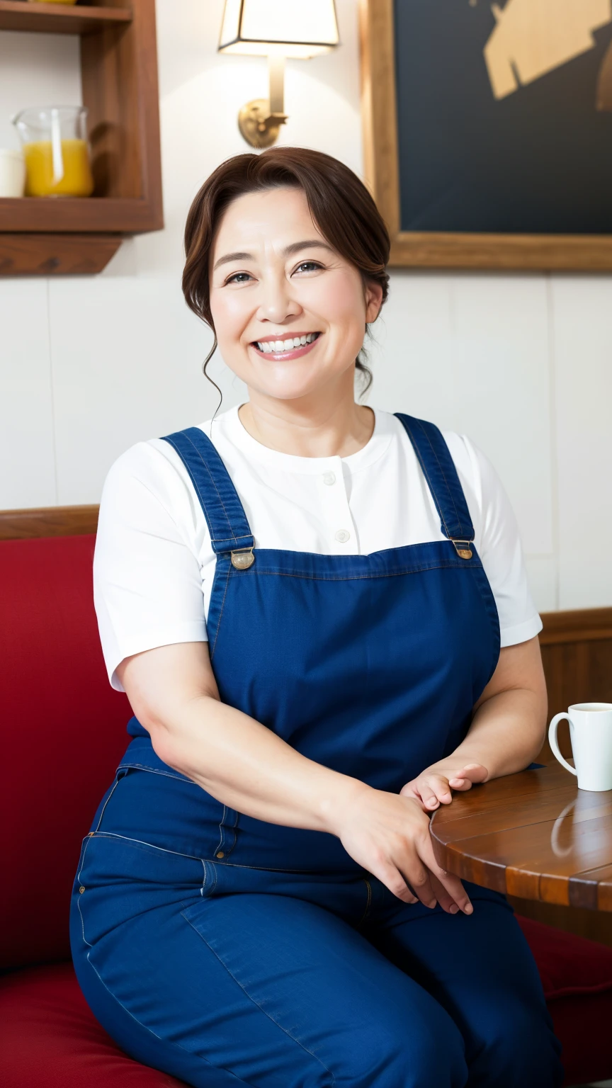 8k wallpaper, masterpiece, Highest quality, Very detailed, One Mature Woman, 50 years old, Become very clear, Wearing a short-sleeved knit, Skin dents, Captivating smile, Looking at the audience, No lapel microphone, Plump, Curvaceous, Attractive face, Smiling with teeth showing, I was happy, sitting in a cafe, Background Blur