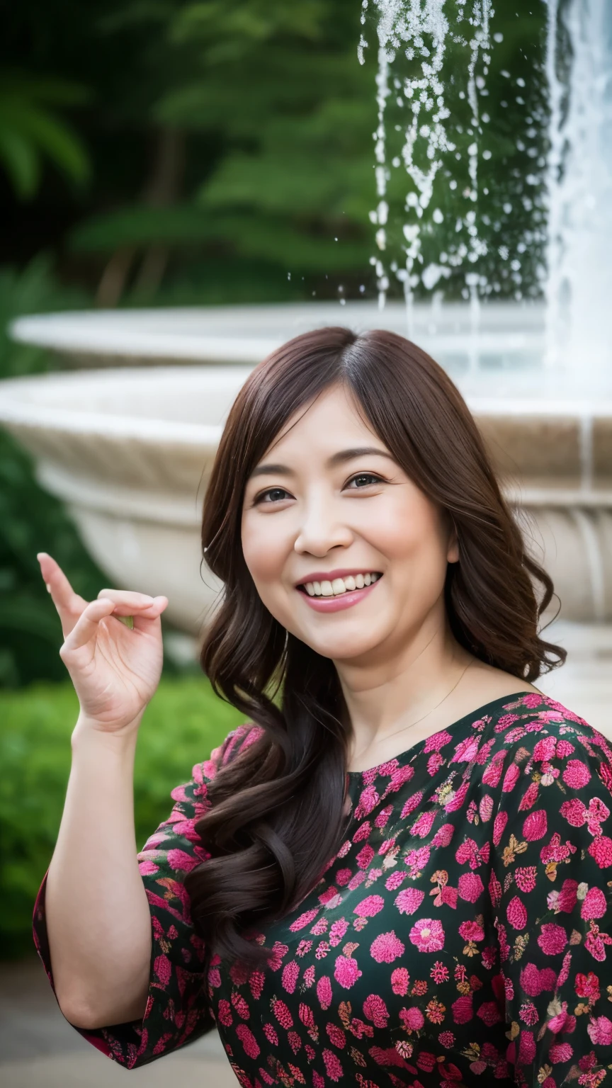 最high quality, In 8K, whole body, Real, Upper Body, high quality, High resolution, Detailed face, Detailed eyes, Thick lips, (Look at the viewers), alone, Middle-aged women, , 60 years old, , Wavy Hair, , Wearing short sleeves, Standing in front of a fountain, Wrinkles around the eyes, Smiling with teeth showing, Background Blur