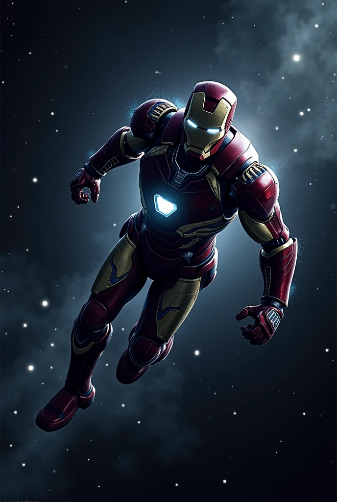 Picture of iron man in flying position in  space (plenty of stars) with aura of black and advanced mark suits 