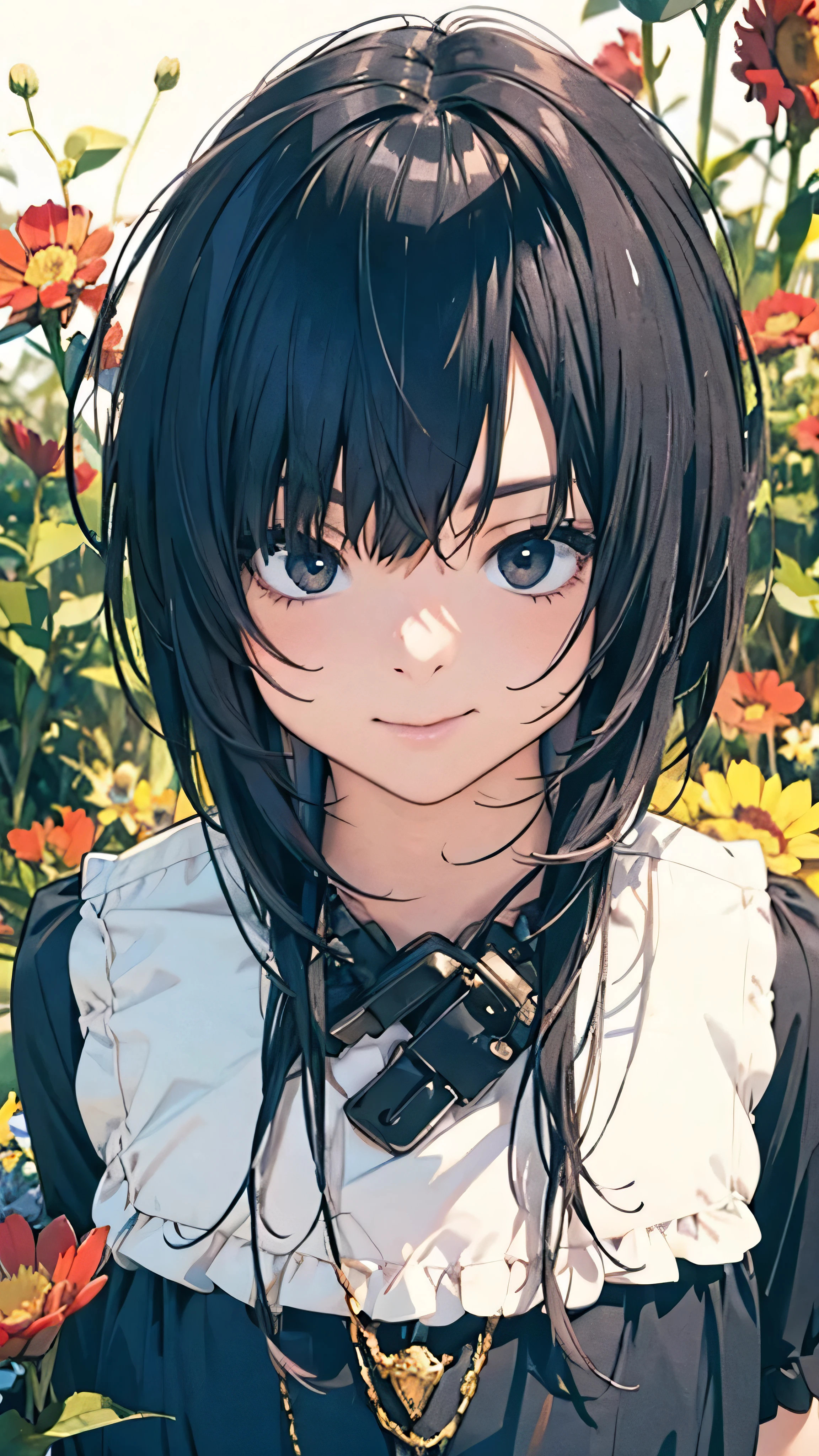 Official Art, wallpaper, Very detailed, (((Very detailed))), Realistic portraits, (最high quality, masterpiece, High resolution), (High resolutionスキン: 1.2), 8K UHD, Soft Light, high quality, Volumetric Light, There is a woman, surrounded by colorful flowers, Flower Field, female portrait, Soft and fantastic lighting, Beautiful young dark-haired woman, Fantastic and dreamy, 4K, 8k, Background Blur, smile, Dynamic Angle, Angle from below, Aperture value F1.2, Dynamic pose, Anatomically correct, Background blur, low angle , Full body photo