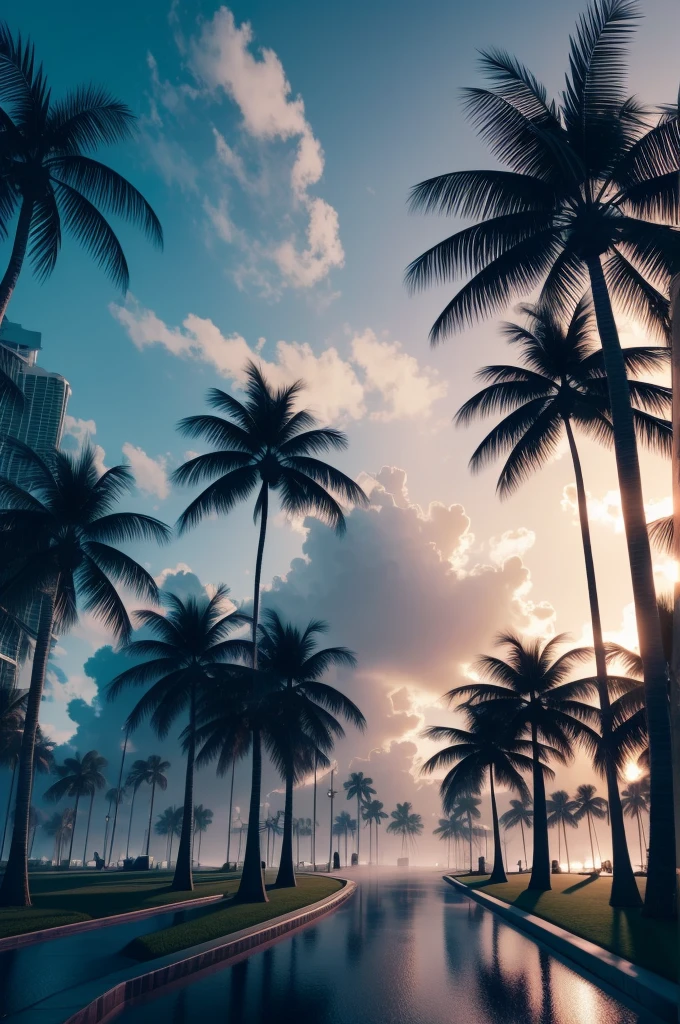 extremely detailed CG unity 8k wallpaper, masterpiece, palm tree, Miami, best quality, long shot, ghostly setting, mist, volumetric light, neon lights,