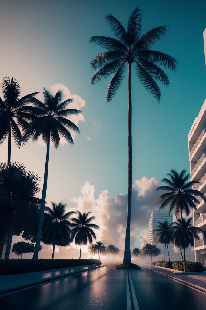 extremely detailed CG unity 8k wallpaper, masterpiece, palm tree, Miami, best quality, long shot, ghostly setting, mist, volumetric light, neon lights,