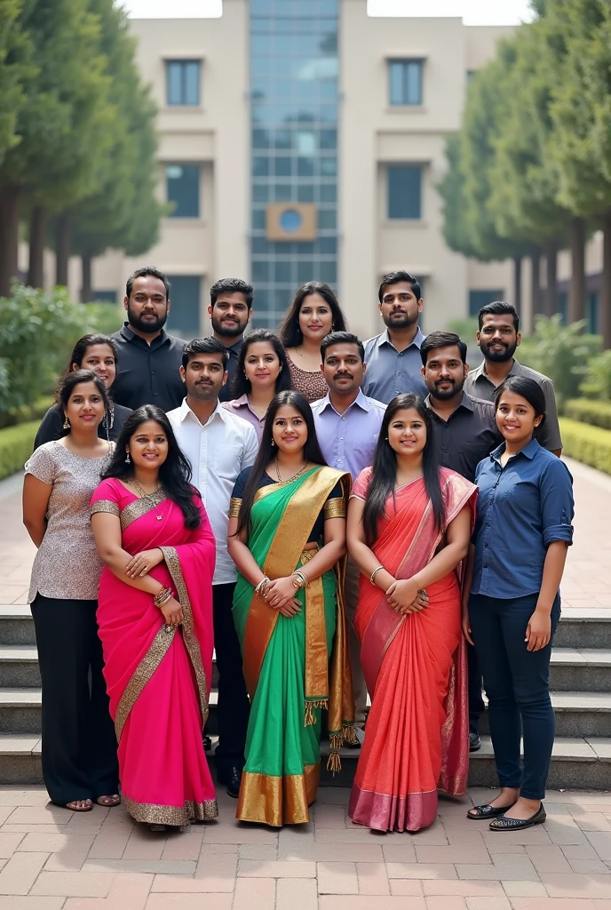 Creatd an image of a group of exactly 23 Indian people both men and women (some in salwar some in jeans top formal) posing for a front facing group photo after a seminar. Add a background of an IIT institute behind but dont add any name. 