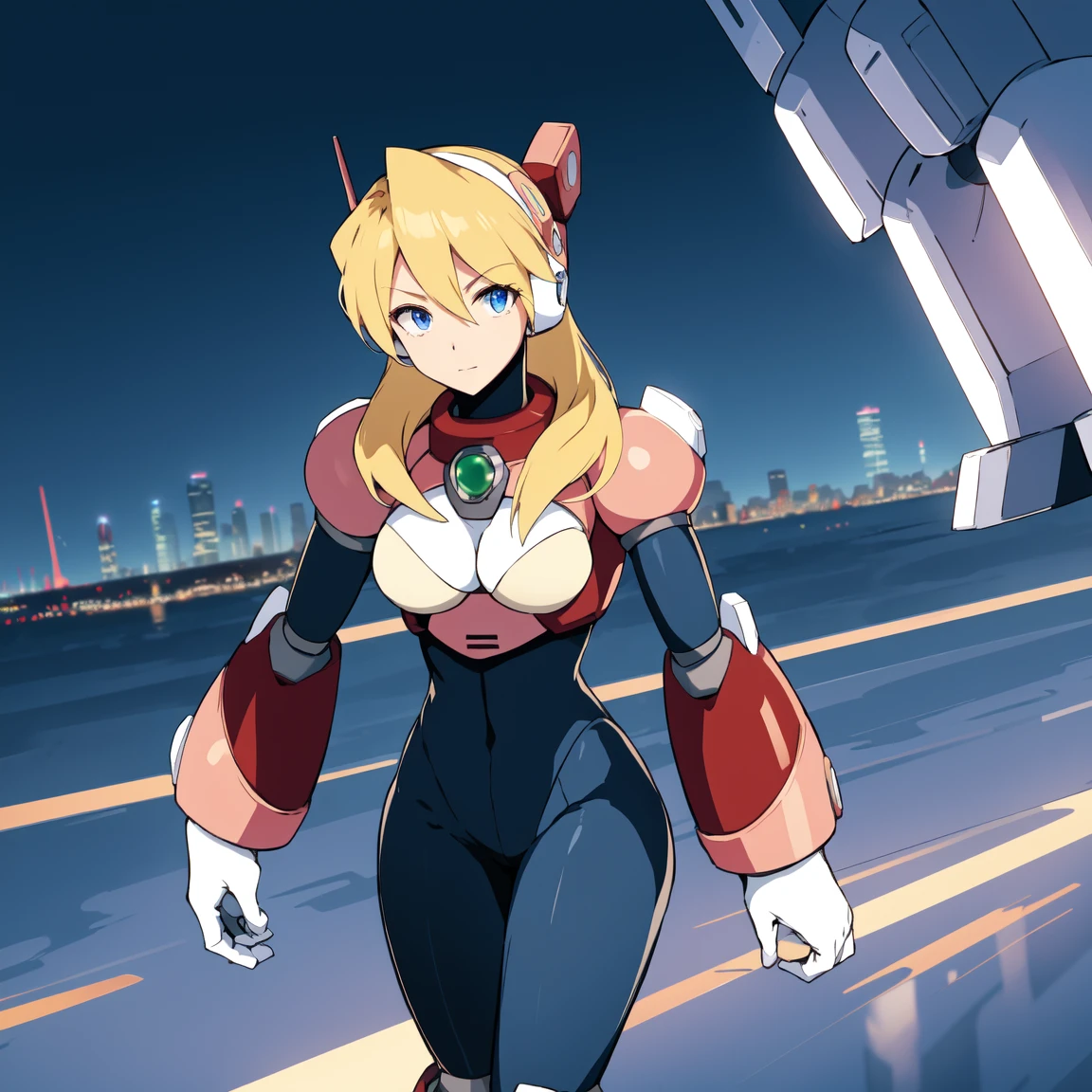 alia_megamanx, 1girl, solo, breasts, blue eyes, blonde hair, android, long hair, robot ears, high quality, masterpiece, standing on a moonlit background with city in sky background