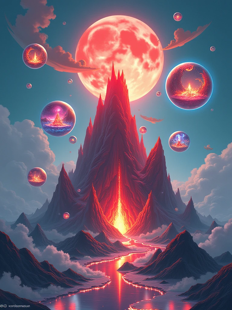 Masterpiece, best quality, high resolution, The red flame mountain is at the bottom of the picture, with bubbles with scenes floating on it, and the bottom is transparent. UI interface, mini game scenes, semi-realistic, cartoon,