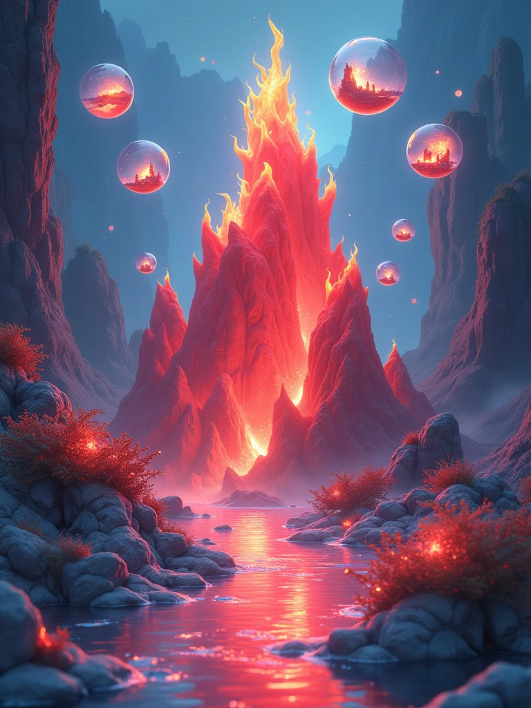 Masterpiece, best quality, high resolution, The red flame mountain is at the bottom of the picture, with bubbles with scenes floating on it, and the bottom is transparent. UI interface, mini game scenes, semi-realistic, cartoon,