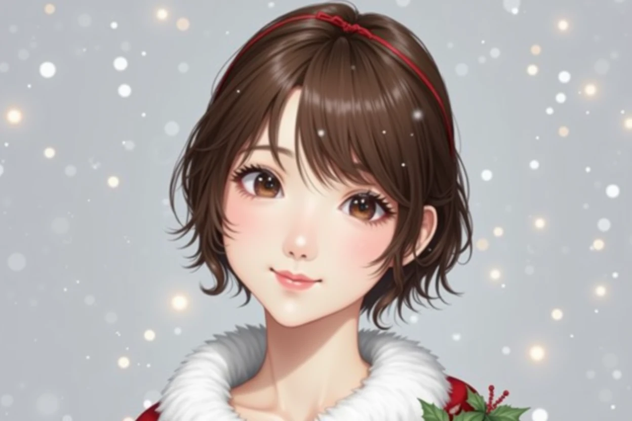 A japanese girl in santa claus costume, smile,beautiful detailed eyes, droppy eyes,beautiful detailed lips, extremely detailed face and hair, long eyelashes, intricate detailed fabric textures, santa hat, christmas lights, snowy winter background, (best quality,4k,8k,highres,masterpiece:1.5),ultra-detailed,(realistic,photorealistic,photo-realistic:2.0),vibrant colors,cinematic lighting,soft bokeh