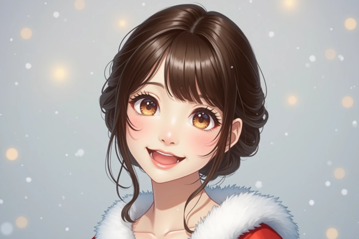 A japanese girl in santa claus costume, smile,beautiful detailed eyes, droppy eyes,beautiful detailed lips, extremely detailed face and hair, long eyelashes, intricate detailed fabric textures, santa hat, christmas lights, snowy winter background, (best quality,4k,8k,highres,masterpiece:1.5),ultra-detailed,(realistic,photorealistic,photo-realistic:2.0),vibrant colors,cinematic lighting,soft bokeh