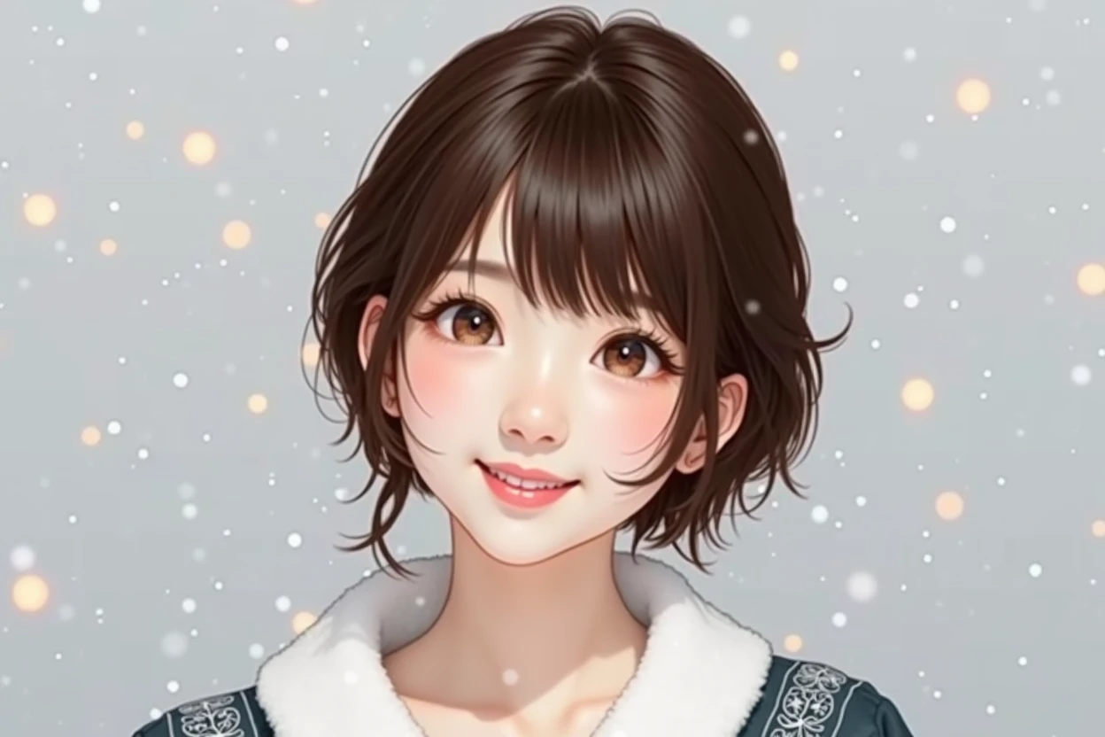 A japanese girl in santa claus costume, smile,beautiful detailed eyes, droppy eyes,beautiful detailed lips, extremely detailed face and hair, long eyelashes, intricate detailed fabric textures, santa hat, christmas lights, snowy winter background, (best quality,4k,8k,highres,masterpiece:1.5),ultra-detailed,(realistic,photorealistic,photo-realistic:2.0),vibrant colors,cinematic lighting,soft bokeh