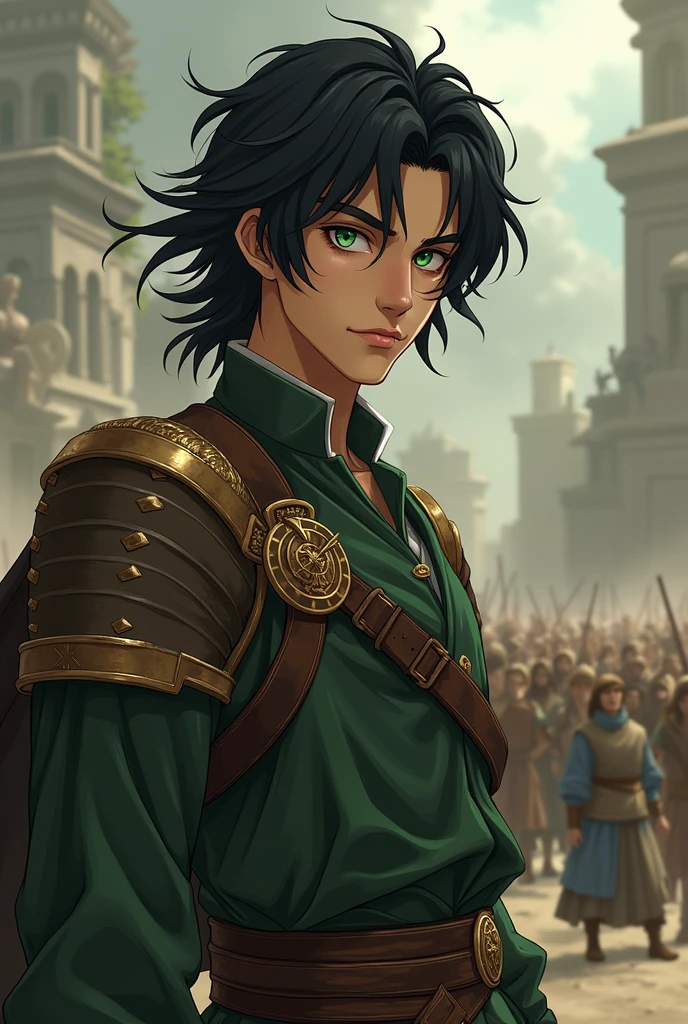 Olive skin, medium length black hair, young man, good looking, Nobleman, green eyes, Antiquity, on a battlefield, mage, anime style