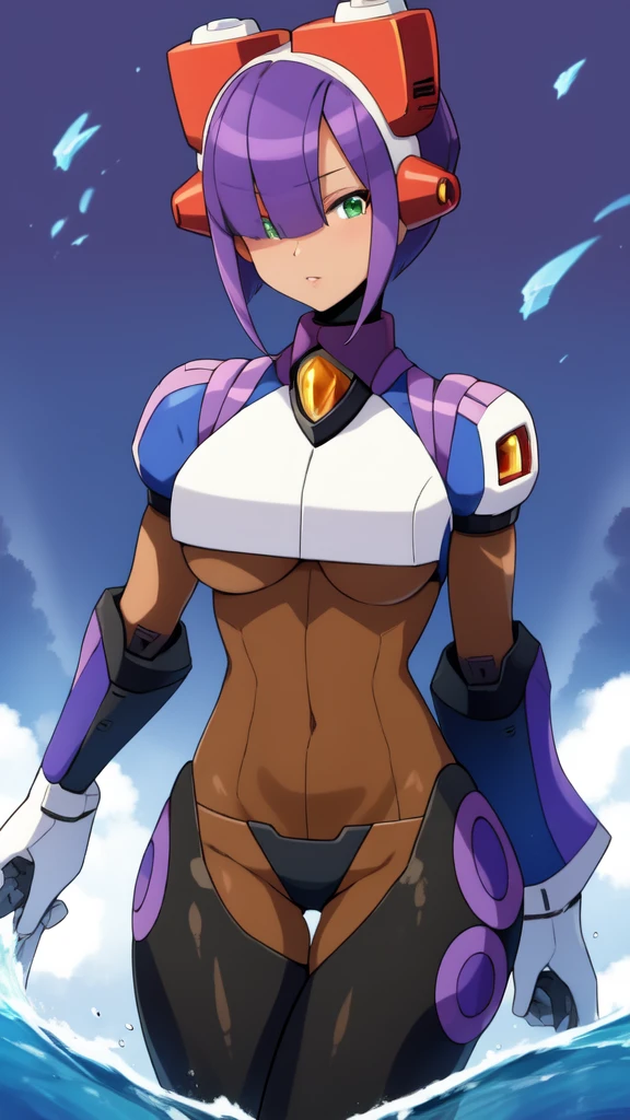 layer_megamanx, simple background , 1girl, solo, short hair, purple hair, green eyes, blunt bangs, hair over eyes, large breasts, dark skin, dark-skinned female, android, underboob, robot ears, high quality, masterpiece, surrounded by water and a small moon, in the style of vivid energy explosions, anime art, dark palette, sharp and angular, dragon art, 8k, whirring contrivances