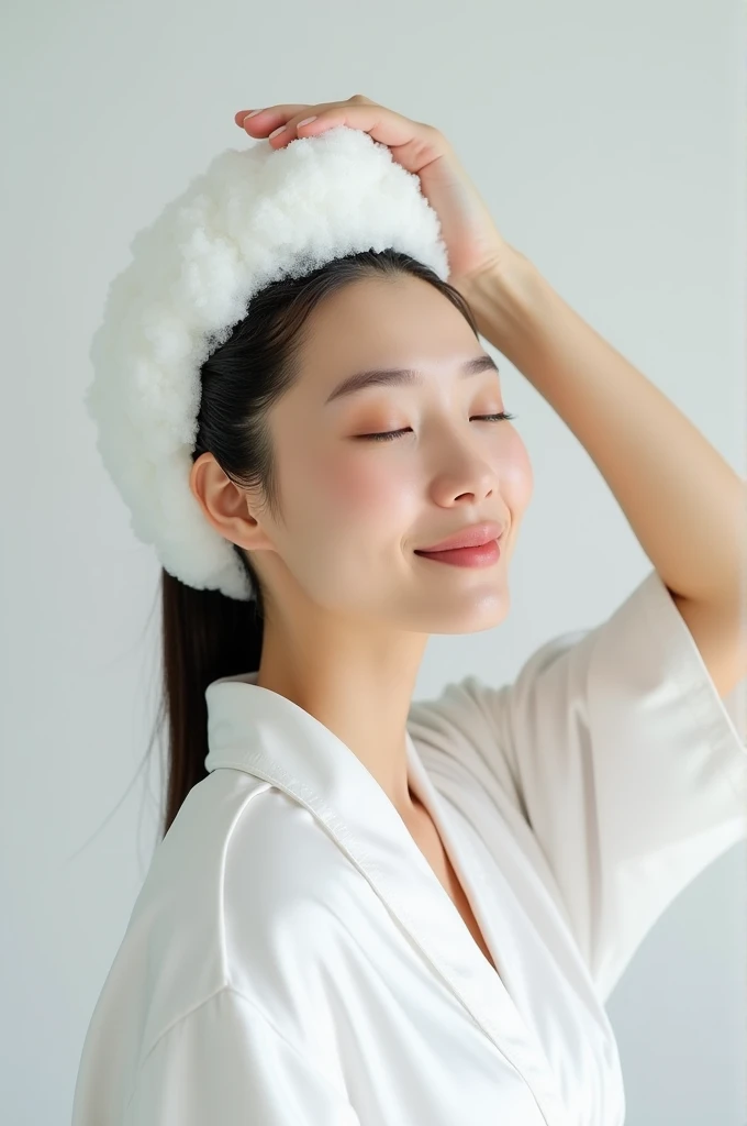 Create an Asian middle-aged beauty，Wearing a white satin bathrobe，Scratching the scalp with both hands，Two hands washing hair on top of head，There is a lot of foam on the head，Foam wrap head，Realistic foam，The expression is happy，Upper Body，The characters are realistic and realistic，Pure white background，Character front position，9:16 frames，Ultra-high-definition picture quality