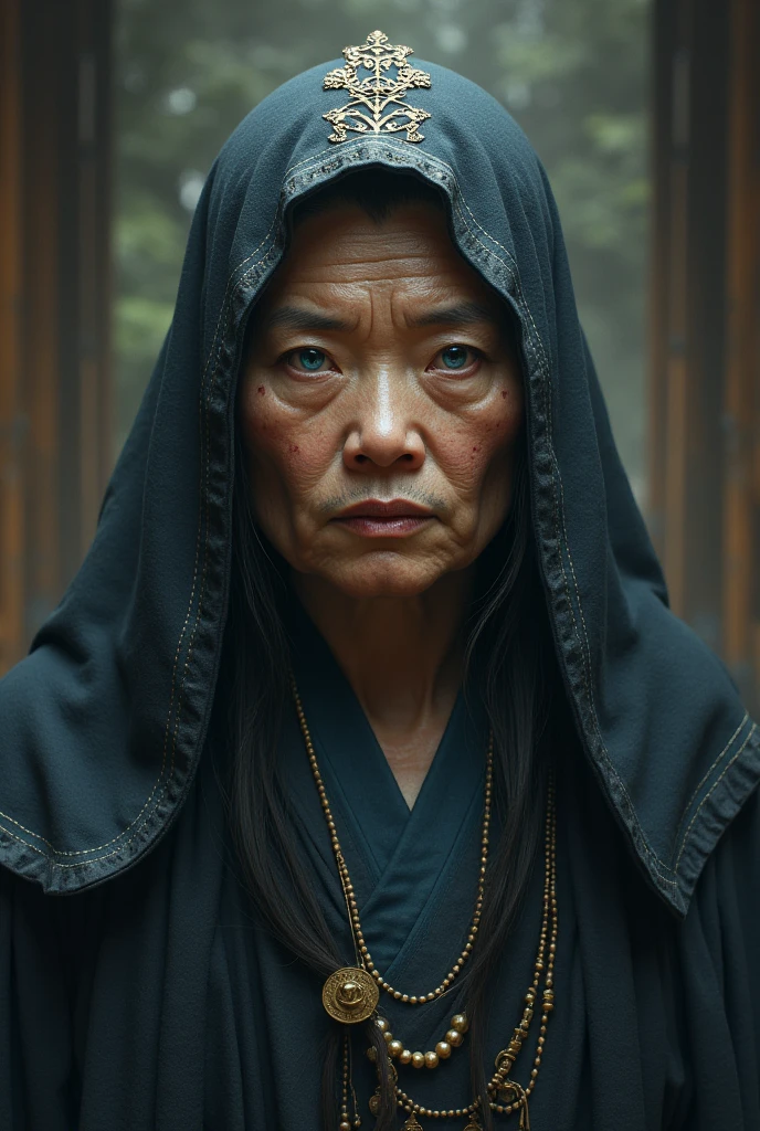 Name: Biao Age: 100 years Paul: Woman Physical Description:
* Obese figure
* dark skin, dotted with moles
* Piercing blue eyes
* Hair neatly hidden under a traditional Japanese headdress Personality:
* Calm and collected
* Meticulously ironed and impeccably dressed
* Spell Mastery Skills and Abilities:
* A powerful priest with extensive knowledge of sacred texts and rituals.
* Biao always wears a traditional Japanese headdress., hiding her hair and most of her face.
* She suffers from a mild form of obsessive-compulsive disorder. (DISTRICT), manifested in its impeccable neatness and order.