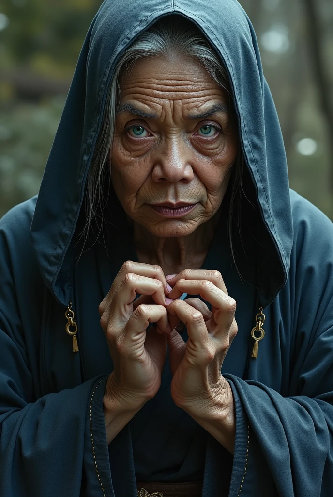 Name: Biao Age: 100 years Paul: Woman Physical Description:
* Obese figure
* dark skin, dotted with moles
* Piercing blue eyes
* Hair neatly hidden under a traditional Japanese headdress Personality:
* Calm and collected
* Meticulously ironed and impeccably dressed

* Spell Mastery Skills and Abilities:
* A powerful priest with extensive knowledge of sacred texts and rituals.

* Biao always wears a traditional Japanese headdress., hiding her hair and most of her face.
* She suffers from a mild form of obsessive-compulsive disorder. (DISTRICT), manifested in its impeccable neatness and order.