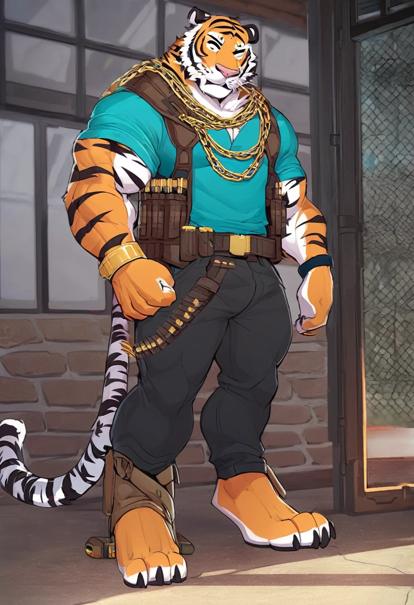 Tiger Claw is a mutant humanoid tiger with short orange and white fur striped with black, pink and black skin, yellow eyes, and a huge, muscular body. He has four fingers and three toes on each hand and foot, as well as black claws, white whiskers on his nose, and a docked tail, He's dressed in a cyan blue shirt with rolled-up sleeves, a brown shirt vest, a double chain bullet bandolier around his chest and torso, an azure scarf around his neck, a double chain bullet belt around his waist, and black pants with gun pouches on his thighs and belted bottoms that come to his ankles, extremely beautiful face, muscular body, tall, handsome, full height