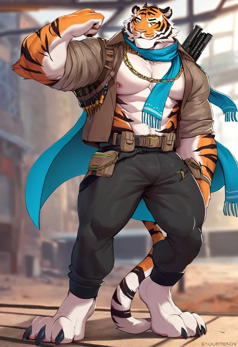 Tiger Claw is a mutant humanoid tiger with short orange and white fur striped with black, pink and black skin, yellow eyes, and a huge, muscular body. He has four fingers and three toes on each hand and foot, as well as black claws, white whiskers on his nose, and a docked tail, He's dressed in a cyan blue shirt with rolled-up sleeves, a brown shirt vest, a double chain bullet bandolier around his chest and torso, an azure scarf around his neck, a double chain bullet belt around his waist, and black pants with gun pouches on his thighs and belted bottoms that come to his ankles, extremely beautiful face, muscular body, tall, handsome, full height