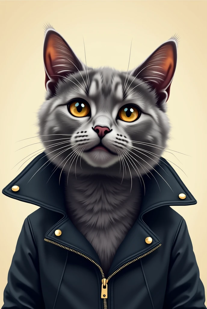 Perfect anatomy gray cute cat wearing black leather jacket with cool expression (close up) Background abstract art flat style vector art, Flat vector art uses simplicity in vector art、Pure expression,
Highlight simplicity and clarity of form,Bring simplicity and modernity to your work. Vivid depiction. Perfect artistic design. Accurate and perfect anatomy.