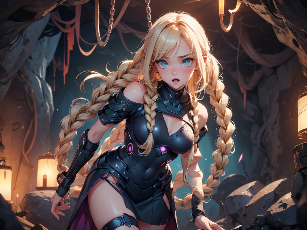 ​master piece,Best Quality,Ultra-detailed,High resolution,Octane Render,valkyrie,Blonde hair,Radiant hair,(1 girl),Beautiful Girl,Beautiful mature face,torn clothes,broken clothes,Seductive young woman,female focus,Beautiful breasts,Full body,(Perfect body),Standing,(Dark purple cyber suit and crimson microskirt),Garter Belt,Bare shoulders,((Check out our thru-rack chokers and midi rings with chains,(blonde single braid),big bright green eyes, Shining eyes beautiful detailed eyes),Cute,Cool,pale skin,Faint lips,A seductive and confident smile,embarrassed,Open mouth,(hair, Realistic:1),to stand,Holding silver halberd,Blushing face,Fantasy,Sweat,steam,(In a cave with tentacles),((veiny tentacles)),cthulhu mythos,