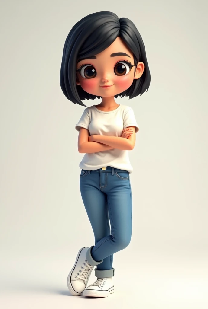 3d cartoon, woman, very short, straight black hair, black eyes, wearing a white t-shirt without a print, jeans and all star sneakers. Looking at the camera, arms crossed.