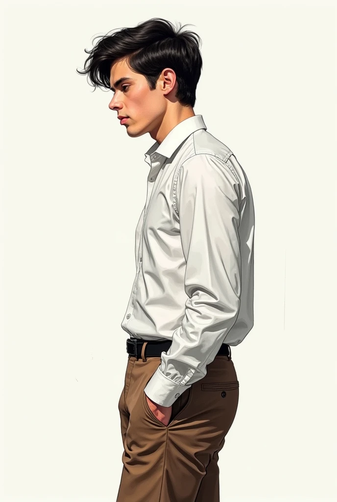 sketchbooks 스타일, sketchbooks, hand drawn, Realistic sketch, rough sketch, A mix of thick dark lines and loose lines, thick line, On paper, Turnaround Character Sheet, masterpiece, best quality, 4K, sharp focus. coriander, complete anatomy. produce: With Design In Mind, 30-year-old male, white shirt, Brown suit pants, male model, Profile photo shoot, Adrian Zing(Adrian Zingg)Works inspired by, Greg Rutkowski style, Paul Atreides, handsome young man, Alexander Robertson, editorial model, Clean model, John Murdoch, Andrew Bell's, Beautiful young model, (black hair, light skin), Colored pencil, Crayon-like color, Mysterious atmosphere