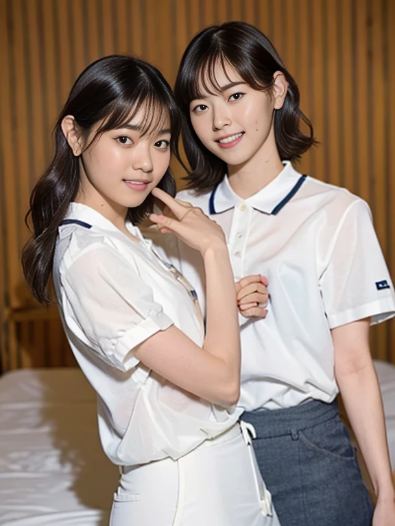 Masterpiece, Best quality:1.3), (Ultra realistic, Photo-realistic:1.2), From above, From side, Natural light, 28 years old actress, Japanese women, Neat and clean, (White tennis uniform, White short-sleeve polo shirt with darknavy line collar:1.2), (unbutton:1.3), (White tennis skirt:1.2), white sock, (short wavy hair:1.2), (Beautiful face), Oval face, clear, Beautiful eyes, Kind eyes, Clear skin, Small face, Beautiful mouth, Small mouth, Natural makeup, Approachable, (nsfw:1.2), Seductive smile, (Seductive pose:1.3), (Beautiful thighs:1.2), (Bedroom eyes:1.2), Embarrassed, Blush, Luxury hotel Suite room, On bed, Hidden camera installed in suite room captures obscene reality of girls high school , (lesbian couple , petting together:1.1),