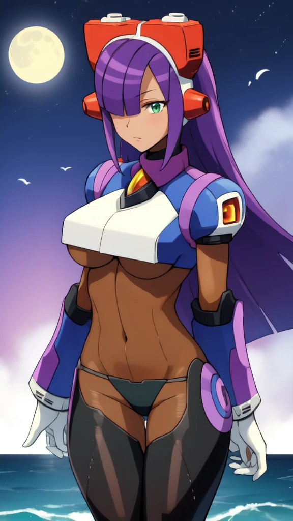 layer_megamanx, simple background , 1girl, solo, Long hair, purple hair, green eyes, blunt bangs, hair over eyes, large breasts, dark skin, dark-skinned female, android, underboob, robot ears, high quality, masterpiece, surrounded by water and a small moon, in the style of vivid energy explosions, anime art, dark palette, sharp and angular, dragon art, 8k, whirring contrivances