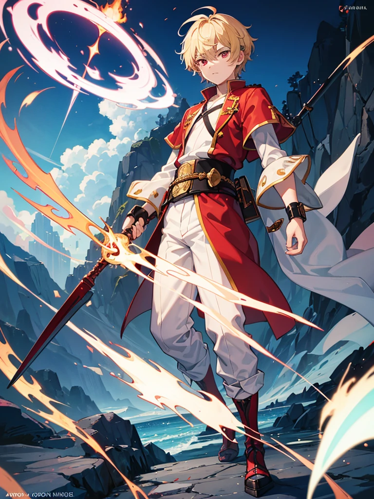 a young boy, like appearance, blond, with vibrant red eyes, he's low, a neutral expression, kinda lazy, wearing exotic clothes, having a gaucho style, kind of anime, being clothes a little bigger for his size. He also has a type of weapon that resembles a barbecue skewer., but you can be creative with this weapon, he also has firepower
