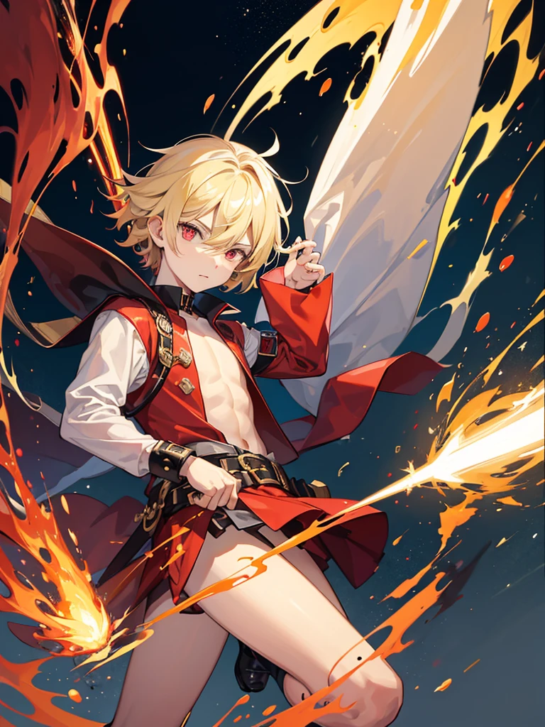 a young boy, childlike appearance, blond, with vibrant red eyes, he's low, a neutral expression, kinda lazy, wearing exotic clothes, having a gaucho style, kind of anime, being clothes a little bigger for his size. He also has a type of weapon that resembles a barbecue skewer., but you can be creative with this weapon, he also has firepower