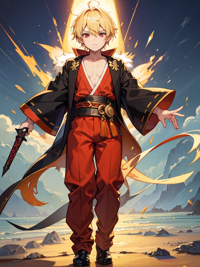 a young boy, childlike appearance, blond, with vibrant red eyes, he's low, a neutral expression, kinda lazy, wearing exotic clothes, having a gaucho style, kind of anime, being clothes a little bigger for his size. He also has a type of weapon that resembles a barbecue skewer., but you can be creative with this weapon, he also has firepower