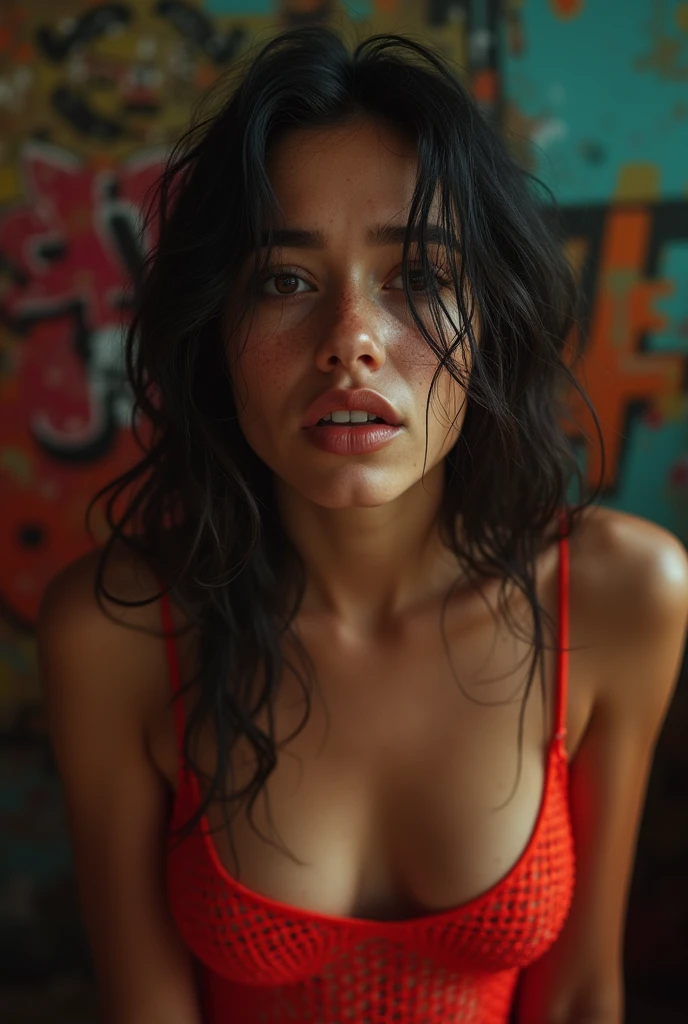 cinematic photo long shot, full body, cinematic photo Jean-Michel Basquiat style (by Jean Michel Basquiat, a girl (Rachel Cook Model, detailed skin. sadistic smile)), cinematic lighting, 8k, epic scene, hyper realistic, focused, high details, unreal engine 5, cinematic, Controversial composition, Chaotic composition, volumetric lighting, HDR,by antonio j. manzanedo, style of mohrbacher, amano, satoshi kon, brian sum ,exposure blend, bokeh, cinematic look, rim light, soothing tones, hyperdetailed, low contrast, soft cinematic light, dim colors, faded, fujifilm, hyperrealism, sharp . Neo-expressionist, graffiti,, vibrant, "Photorealism, DOF, (She cries with joy, tears from her eyes) . 35mm photograph, film, bokeh, professional, 4k, highly detailed, 35mm photograph, film, bokeh, professional, 4k, highly detailed , perfect eye, in slim red fishnet dress lying in a chair ,full body, beautiful lady, topless body, big breast, She has dark chocolate eyes. she has very accentuated natural eyelashes.Her face is natural. She is ultrareal.She should have a lot of freckles on her face. She is natural.She is photoshooting. She is a model and are posing. She has slim and fit body. . . Best quality! She is ai influencer on instagram. .her body is fit. she is running happy